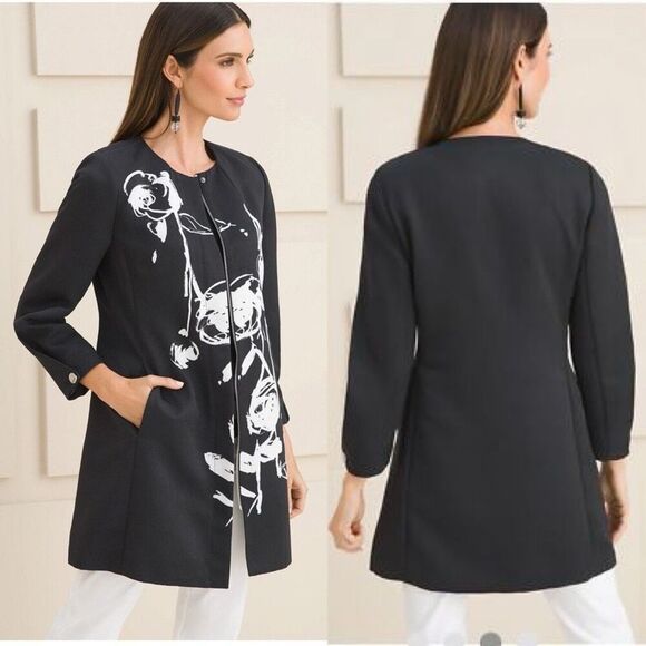 Chico’s Black White Trailing Roses Jacket Topper Size XL Petite - Picture 2 of 8